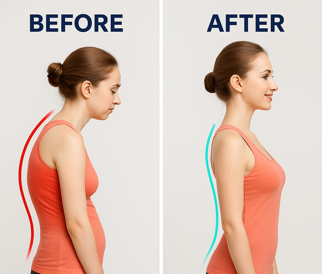 Before and after comparison of a woman's posture with red and blue lines on a plain background.